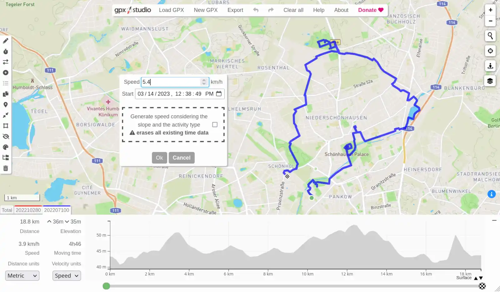 Änderung von Startzeit und Durchschnittsgeschwindigkeit in gpx.studio