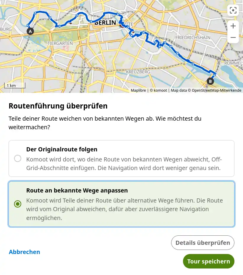 Route an bekannte Wege anpassen