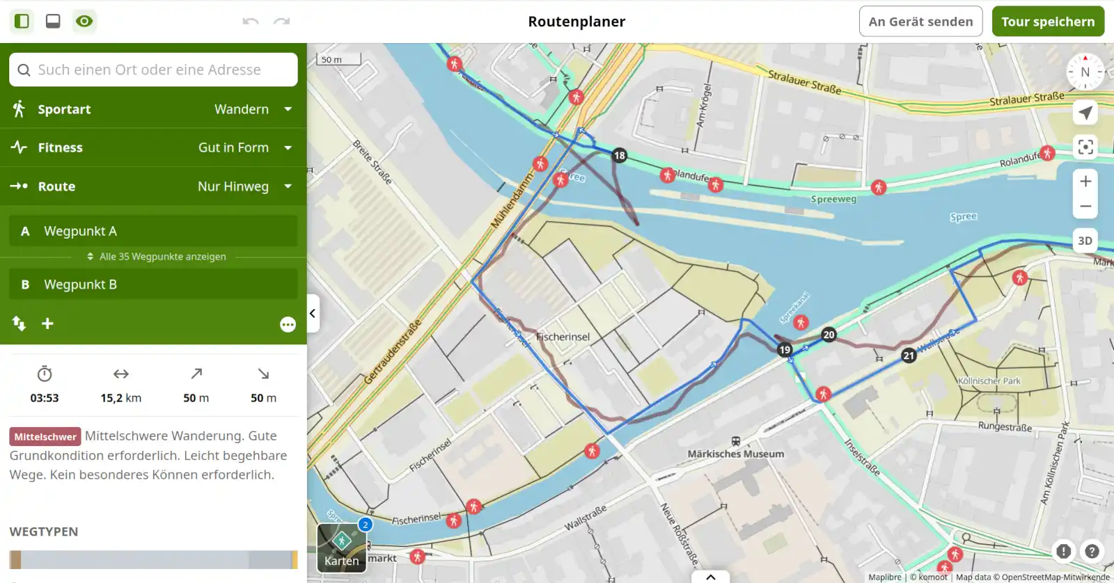 Routenplaner von Komoot mit aufgezeichnetem und optimiertem Track