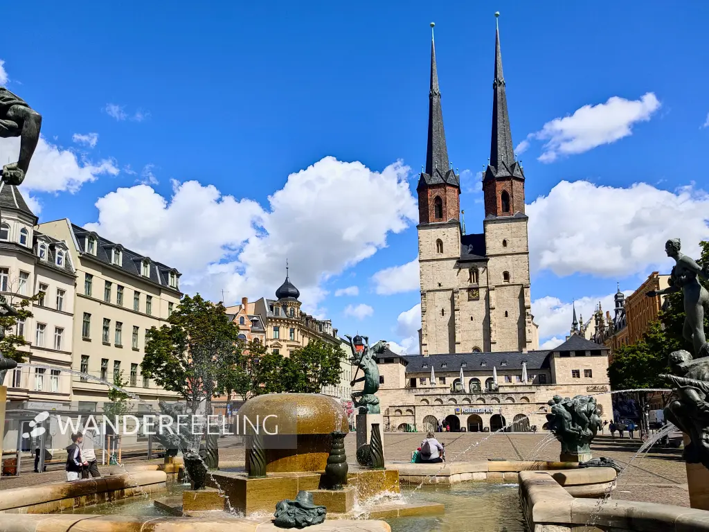 202308090-26 - Göbelbrunnen vor der Marktkirche Unser Lieben Frau in Halle, Sachsen-Anhalt, Deutschland