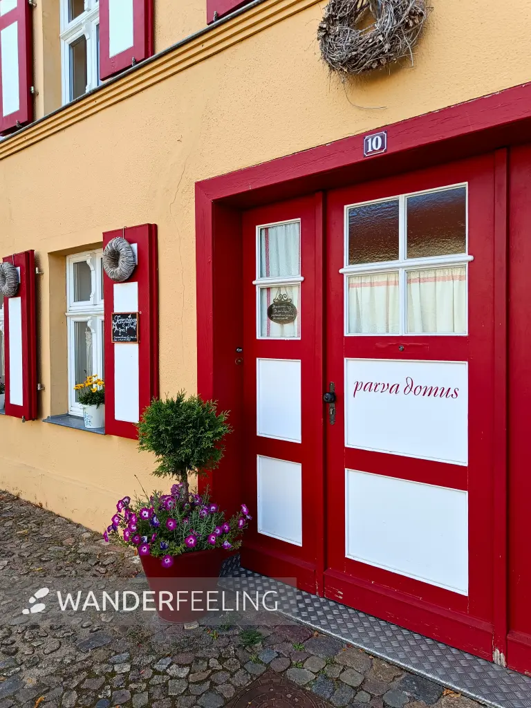 202508110-32 - Hauseingang mit Blumenkübel in Rheinsberg, Ruppiner Seenland, Brandenburg, Deutschland