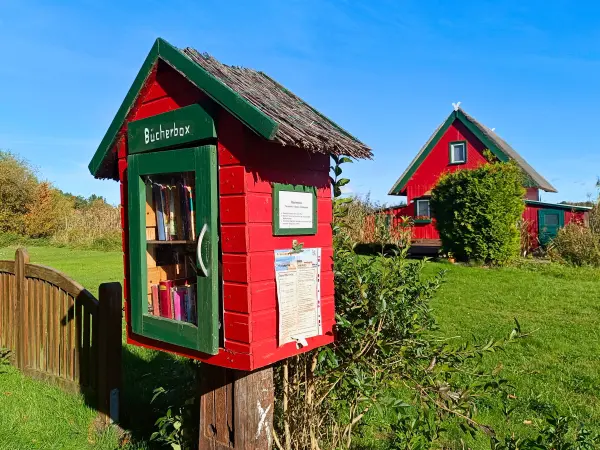 202510130-25 - Bücherbox und Bootshaus in Krakow am See, Mecklenburgische Seenplatte, Mecklenburg-Vorpommern, Deutschland