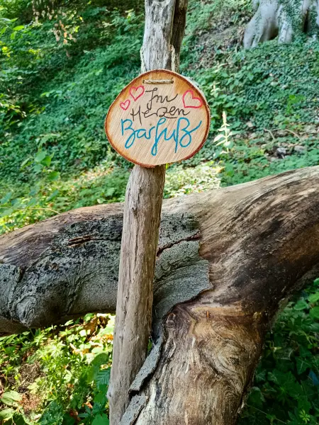 202506170-43 - Holzschild »Im Herzen barfuß« am Schweriner Außensee bei Lübstorf, Mecklenburgische Seenplatte, Mecklenburg-Vorpommern, Deutschland
