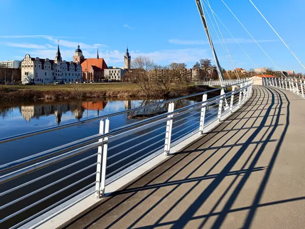 202603030-22 - Johannbau, Marienkirche und Tiergartenbrücke in Dessau, Anhalt-Dessau-Wittenberg, Sachsen-Anhalt, Deutschland