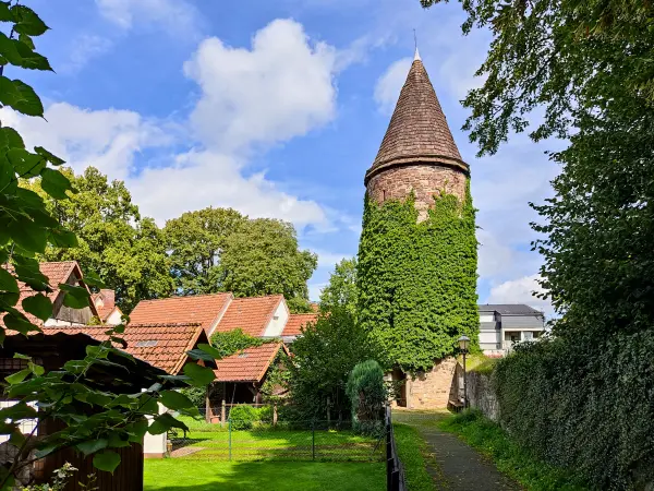 202308150-03 - Stadtmauer mit Wehrturm in Lügde, Weserbergland, Nordrhein-Westfalen, Deutschland